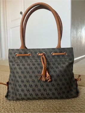 Dooney & Bourke Gray Logo Tote with Brown Leather Trim and Tassel
